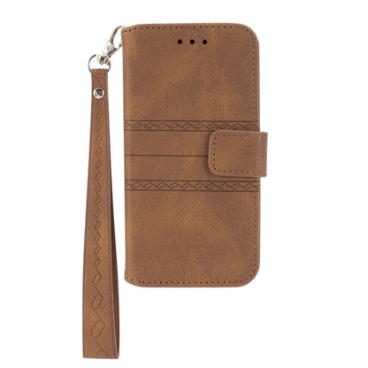 For iPhone 16e Embossed Stripes Skin Feel Leather Phone Case(Brown) by buy2fix