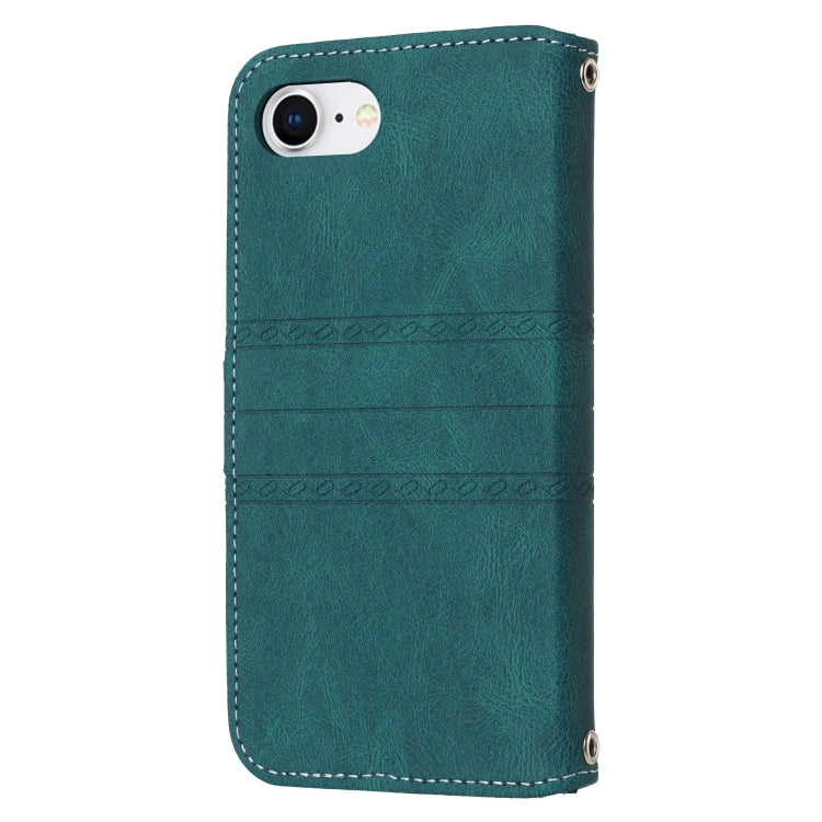 For iPhone 16e Embossed Stripes Skin Feel Leather Phone Case(Dark Green) by buy2fix