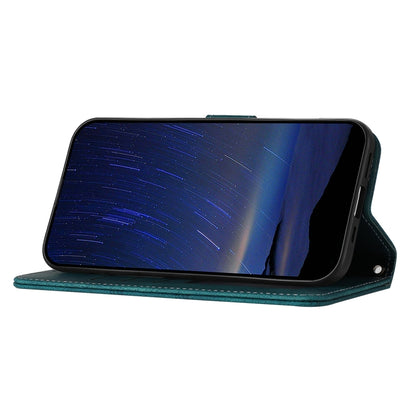 For iPhone 16e Embossed Stripes Skin Feel Leather Phone Case(Dark Green) by buy2fix