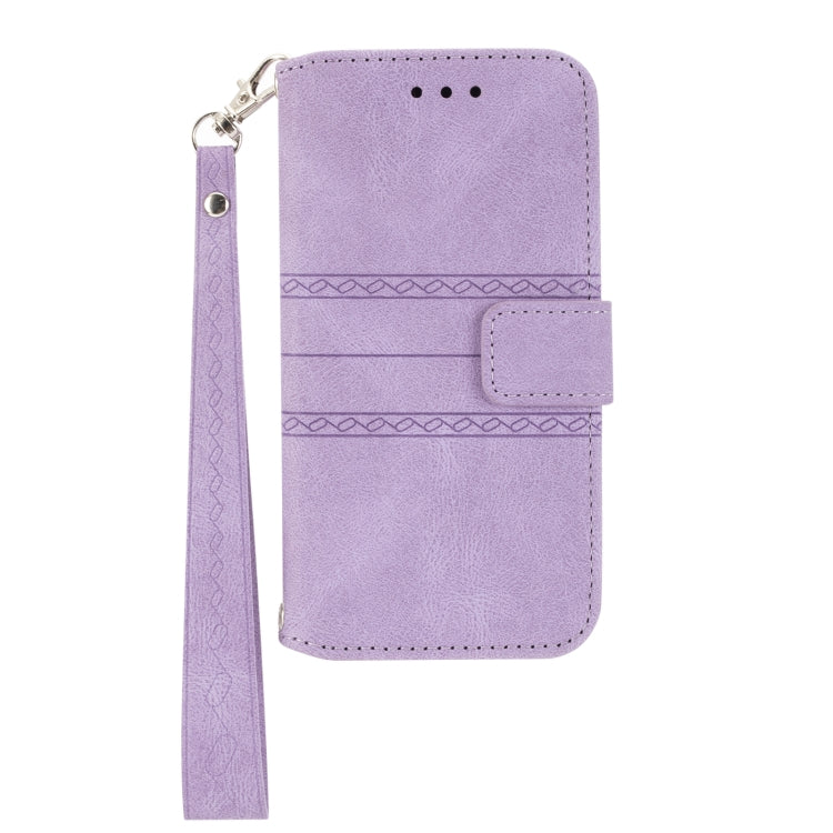 For iPhone 16e Embossed Stripes Skin Feel Leather Phone Case(Light Purple) by buy2fix