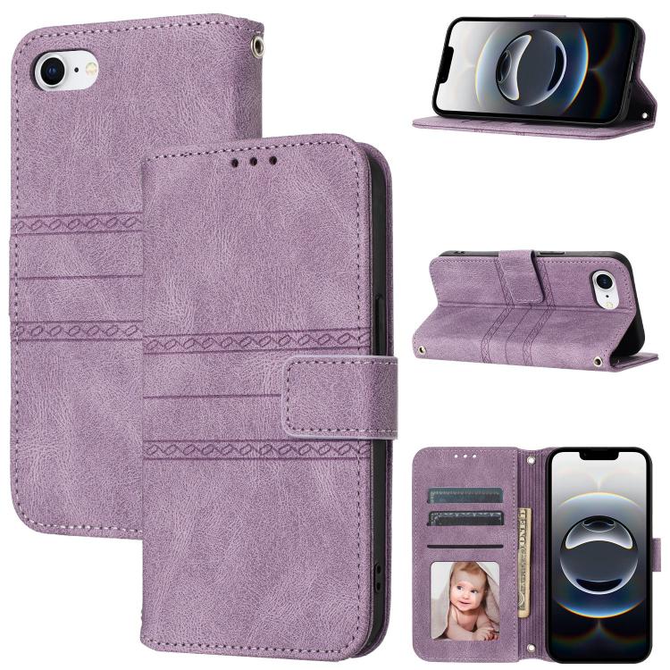 For iPhone 16e Embossed Stripes Skin Feel Leather Phone Case(Light Purple) by buy2fix