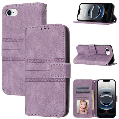 For iPhone 16e Embossed Stripes Skin Feel Leather Phone Case(Light Purple) by buy2fix