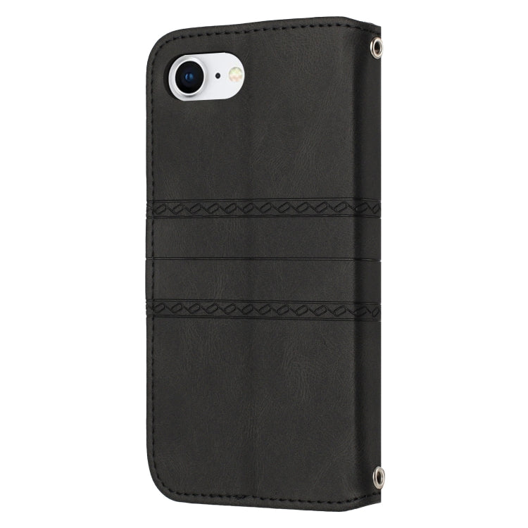 For iPhone 16e Embossed Stripes Skin Feel Leather Phone Case(Black) by buy2fix