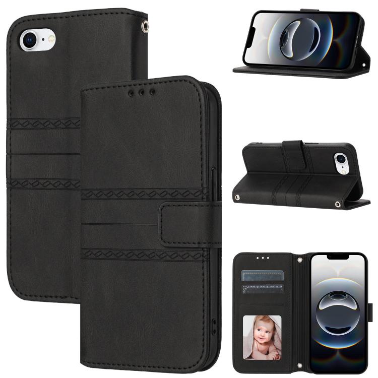 For iPhone 16e Embossed Stripes Skin Feel Leather Phone Case(Black) by buy2fix