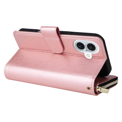 For iPhone 16 Plus 9 Card Slots Zipper Wallet Bag Leather Phone Case(Rose Gold) - iPhone 16 Plus Cases by buy2fix | Online Shopping UK | buy2fix