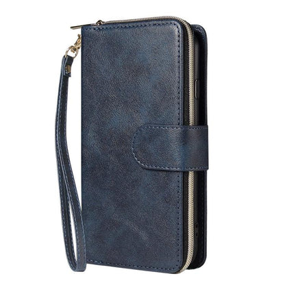 For iPhone 16e 9 Card Slots Zipper Wallet Bag Leather Phone Case(Blue) - iPhone 16e Cases by buy2fix | Online Shopping UK | buy2fix