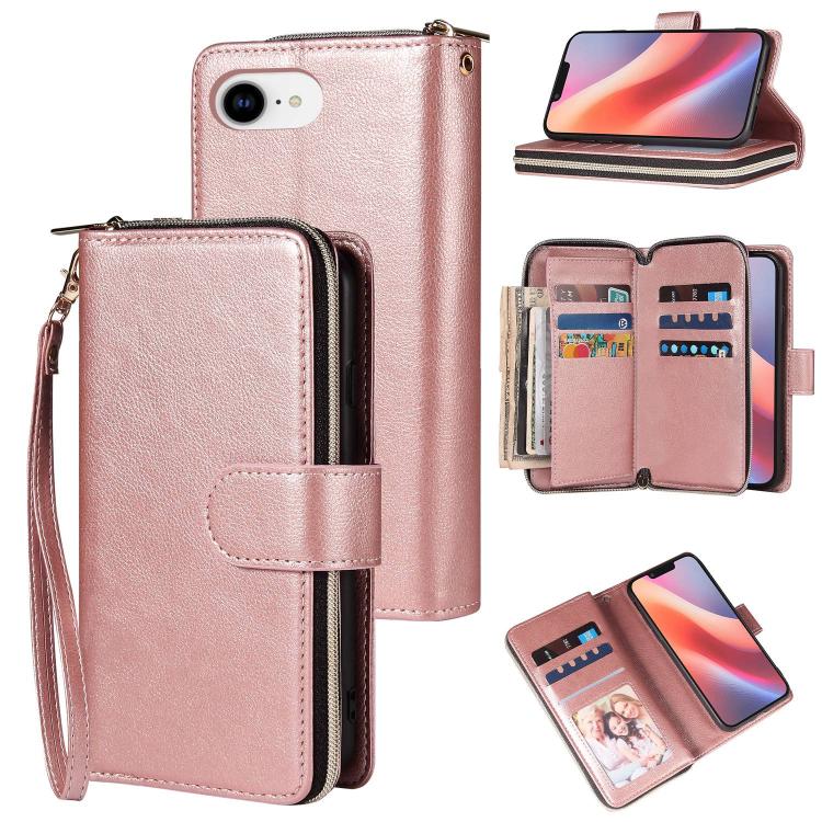 For iPhone 16e 9 Card Slots Zipper Wallet Bag Leather Phone Case(Rose Gold) - iPhone 16e Cases by buy2fix | Online Shopping UK | buy2fix