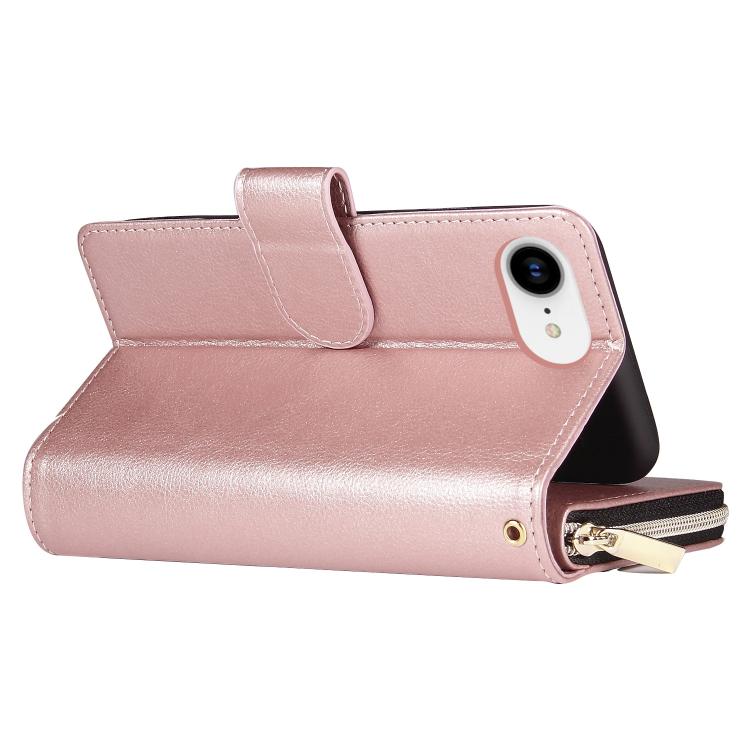 For iPhone 16e 9 Card Slots Zipper Wallet Bag Leather Phone Case(Rose Gold) - iPhone 16e Cases by buy2fix | Online Shopping UK | buy2fix