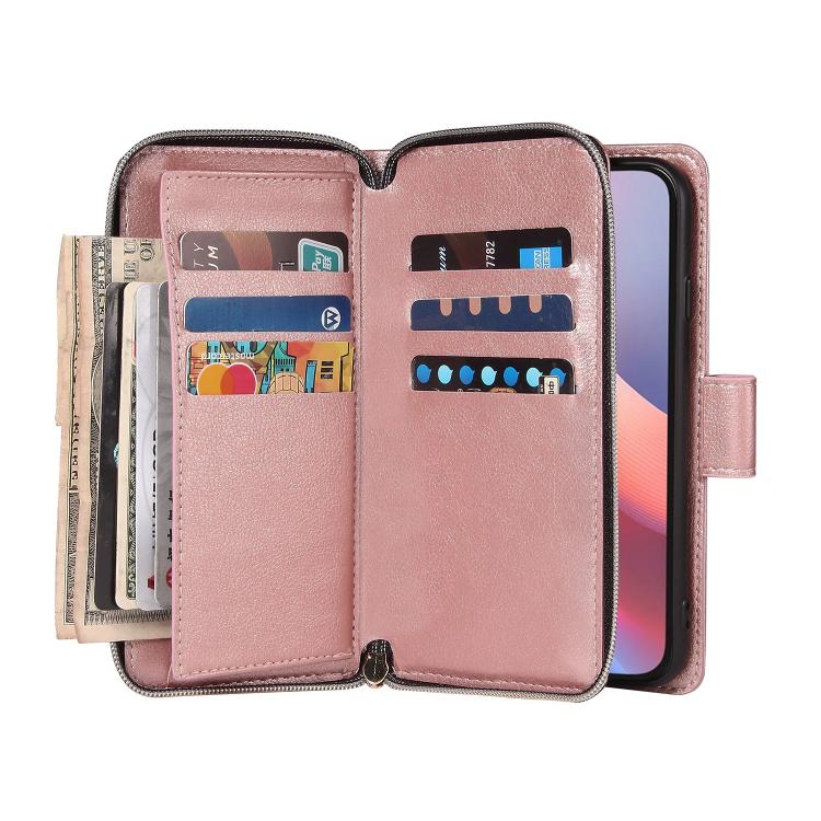 For iPhone 16e 9 Card Slots Zipper Wallet Bag Leather Phone Case(Rose Gold) - iPhone 16e Cases by buy2fix | Online Shopping UK | buy2fix