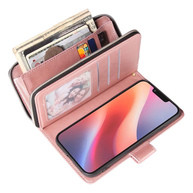 For iPhone 16e 9 Card Slots Zipper Wallet Bag Leather Phone Case(Rose Gold) - iPhone 16e Cases by buy2fix | Online Shopping UK | buy2fix