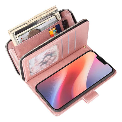 For iPhone 16e 9 Card Slots Zipper Wallet Bag Leather Phone Case(Rose Gold) - iPhone 16e Cases by buy2fix | Online Shopping UK | buy2fix