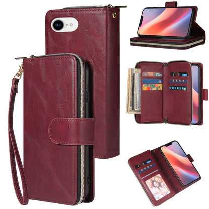 For iPhone 16e 9 Card Slots Zipper Wallet Bag Leather Phone Case(Wine Red) - iPhone 16e Cases by buy2fix | Online Shopping UK | buy2fix