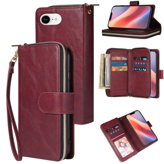 For iPhone 16e 9 Card Slots Zipper Wallet Bag Leather Phone Case(Wine Red) - iPhone 16e Cases by buy2fix | Online Shopping UK | buy2fix
