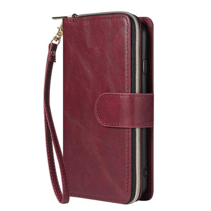 For iPhone 16e 9 Card Slots Zipper Wallet Bag Leather Phone Case(Wine Red) - iPhone 16e Cases by buy2fix | Online Shopping UK | buy2fix