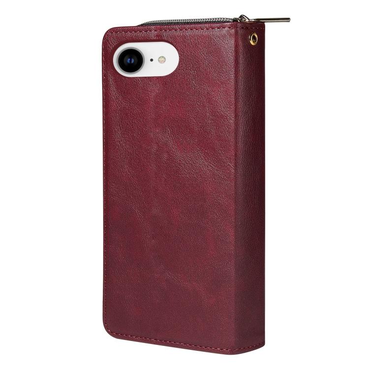 For iPhone 16e 9 Card Slots Zipper Wallet Bag Leather Phone Case(Wine Red) - iPhone 16e Cases by buy2fix | Online Shopping UK | buy2fix