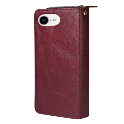 For iPhone 16e 9 Card Slots Zipper Wallet Bag Leather Phone Case(Wine Red) - iPhone 16e Cases by buy2fix | Online Shopping UK | buy2fix
