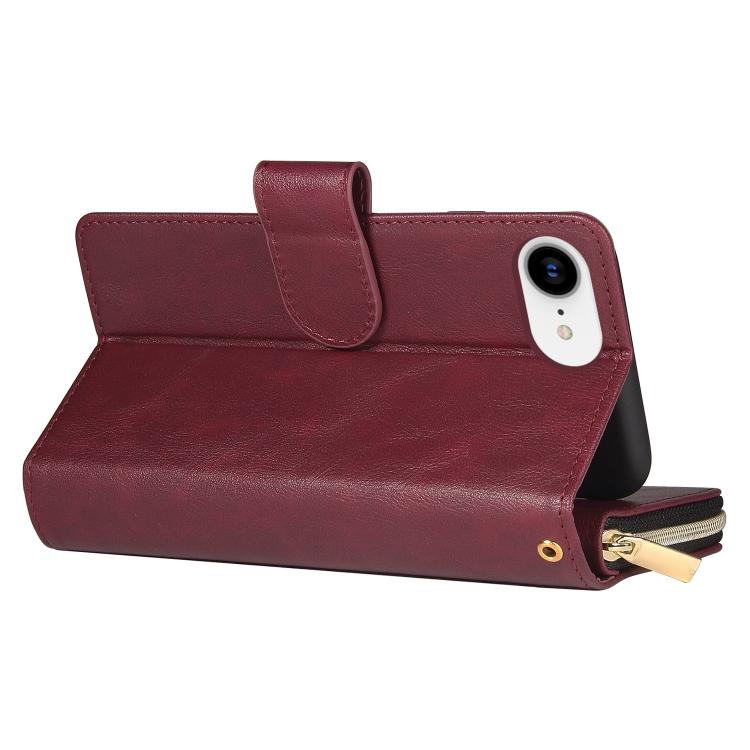 For iPhone 16e 9 Card Slots Zipper Wallet Bag Leather Phone Case(Wine Red) - iPhone 16e Cases by buy2fix | Online Shopping UK | buy2fix