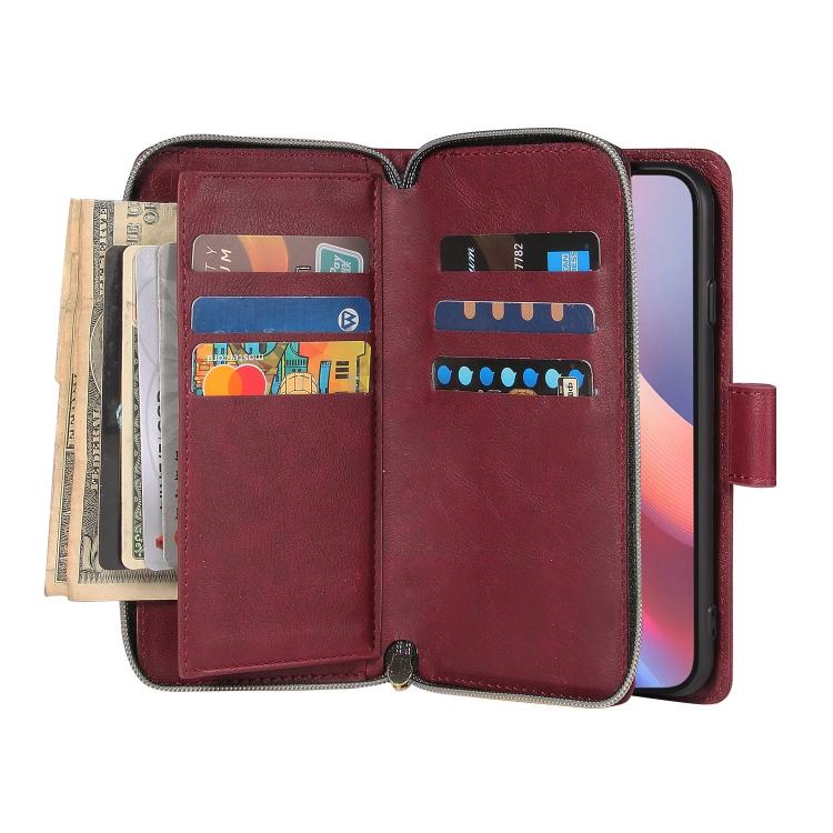 For iPhone 16e 9 Card Slots Zipper Wallet Bag Leather Phone Case(Wine Red) - iPhone 16e Cases by buy2fix | Online Shopping UK | buy2fix