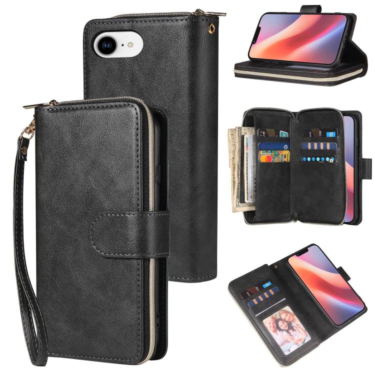 For iPhone 16e 9 Card Slots Zipper Wallet Bag Leather Phone Case(Black) - iPhone 16e Cases by buy2fix | Online Shopping UK | buy2fix