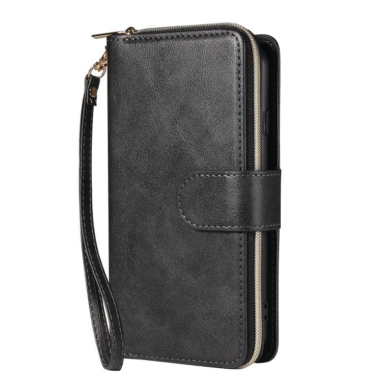 For iPhone 16e 9 Card Slots Zipper Wallet Bag Leather Phone Case(Black) - iPhone 16e Cases by buy2fix | Online Shopping UK | buy2fix