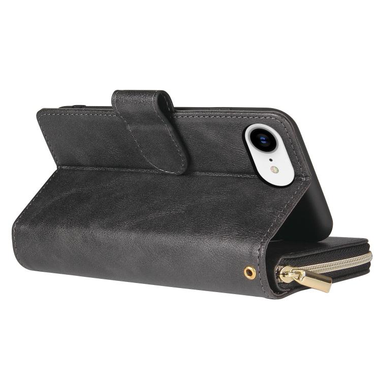 For iPhone 16e 9 Card Slots Zipper Wallet Bag Leather Phone Case(Black) - iPhone 16e Cases by buy2fix | Online Shopping UK | buy2fix