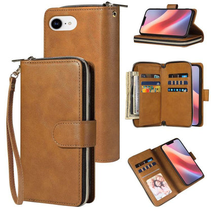 For iPhone 16e 9 Card Slots Zipper Wallet Bag Leather Phone Case(Brown) - iPhone 16e Cases by buy2fix | Online Shopping UK | buy2fix