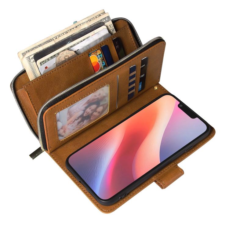 For iPhone 16e 9 Card Slots Zipper Wallet Bag Leather Phone Case(Brown) - iPhone 16e Cases by buy2fix | Online Shopping UK | buy2fix