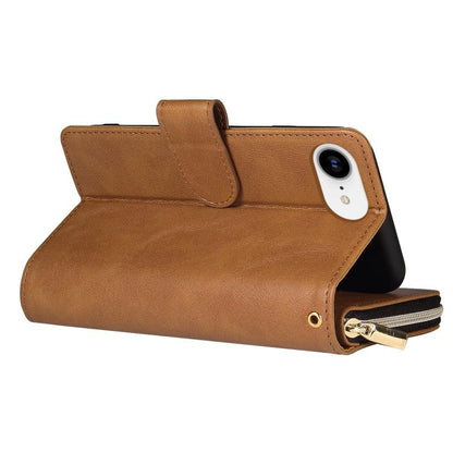 For iPhone 16e 9 Card Slots Zipper Wallet Bag Leather Phone Case(Brown) - iPhone 16e Cases by buy2fix | Online Shopping UK | buy2fix