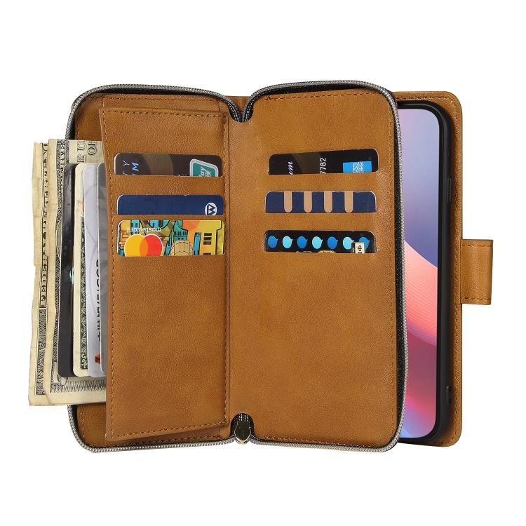 For iPhone 16e 9 Card Slots Zipper Wallet Bag Leather Phone Case(Brown) - iPhone 16e Cases by buy2fix | Online Shopping UK | buy2fix