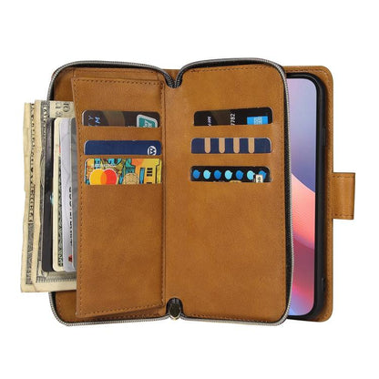 For iPhone 16e 9 Card Slots Zipper Wallet Bag Leather Phone Case(Brown) - iPhone 16e Cases by buy2fix | Online Shopping UK | buy2fix