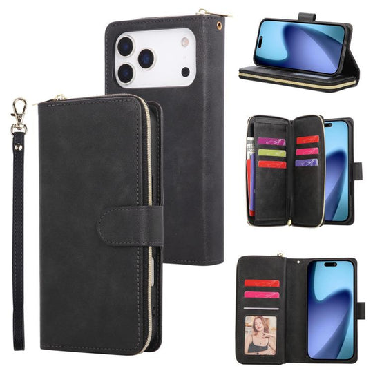 For iPhone 18 Pro Max / 17 Pro Max 9 Card Slots Zipper Wallet Bag Leather Phone Case(Black)