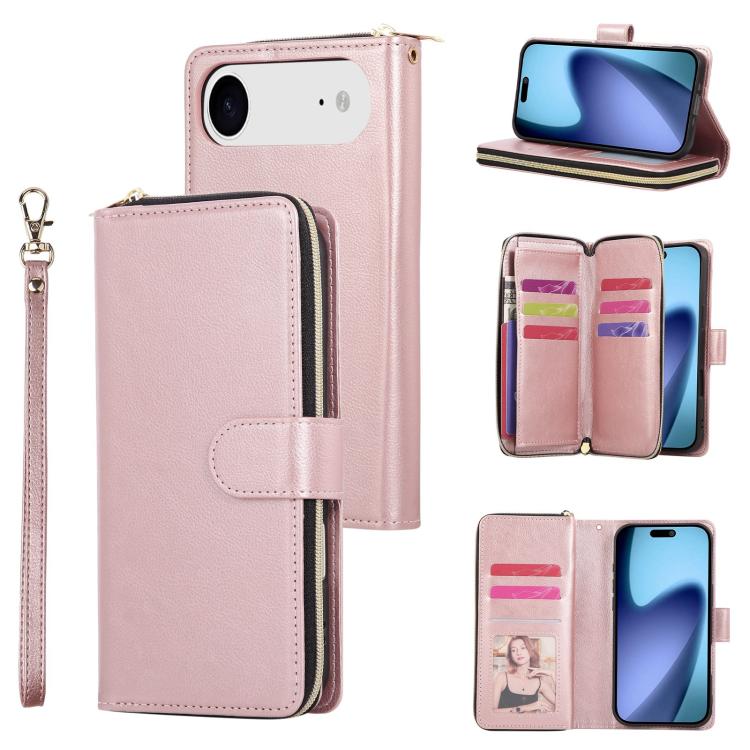 For iPhone Air 9 Card Slots Zipper Wallet Bag Leather Phone Case(Rose Gold) - iPhone Air Cases by buy2fix | Online Shopping UK | buy2fix