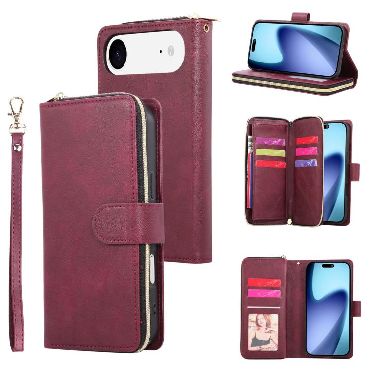 For iPhone Air 9 Card Slots Zipper Wallet Bag Leather Phone Case(Wine Red) - iPhone Air Cases by buy2fix | Online Shopping UK | buy2fix