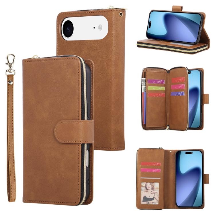 For iPhone Air 9 Card Slots Zipper Wallet Bag Leather Phone Case(Brown) - iPhone Air Cases by buy2fix | Online Shopping UK | buy2fix