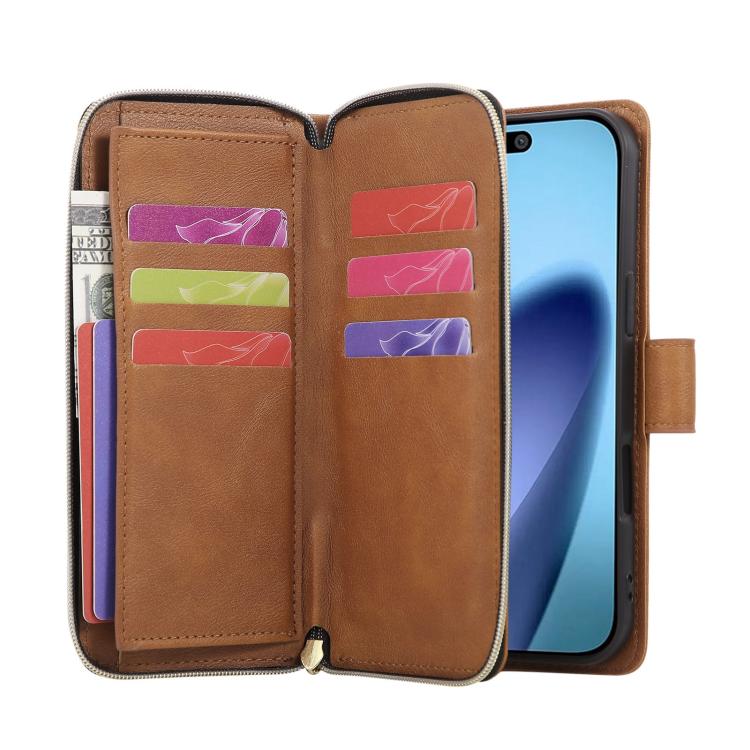 For iPhone Air 9 Card Slots Zipper Wallet Bag Leather Phone Case(Brown) - iPhone Air Cases by buy2fix | Online Shopping UK | buy2fix