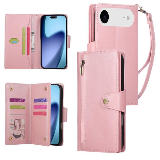 For iPhone Air Rivet Buckle 9 Cards Three Fold Leather Phone Case(Rose Gold) - iPhone Air Cases by buy2fix | Online Shopping UK | buy2fix