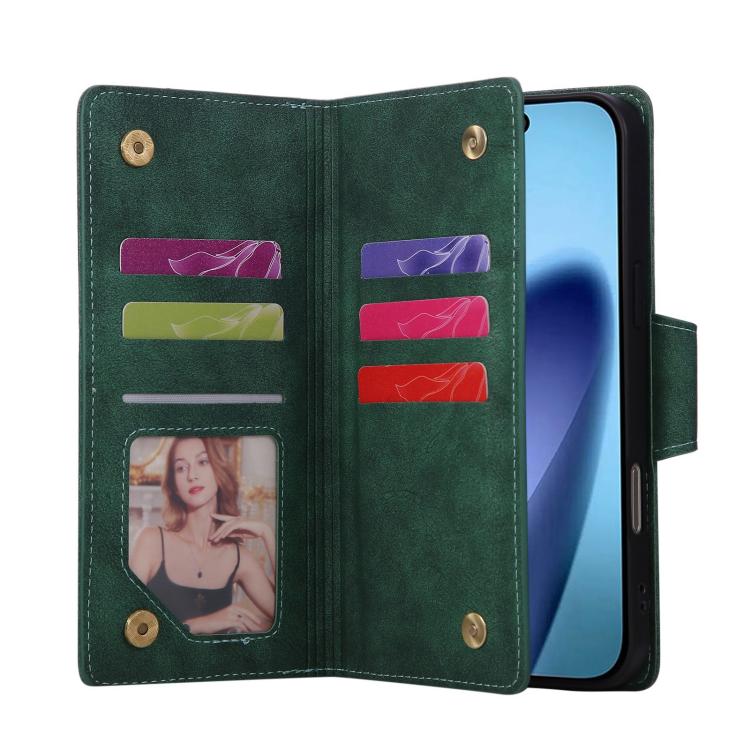 For iPhone Air Rivet Buckle 9 Cards Three Fold Leather Phone Case(Green) - iPhone Air Cases by buy2fix | Online Shopping UK | buy2fix