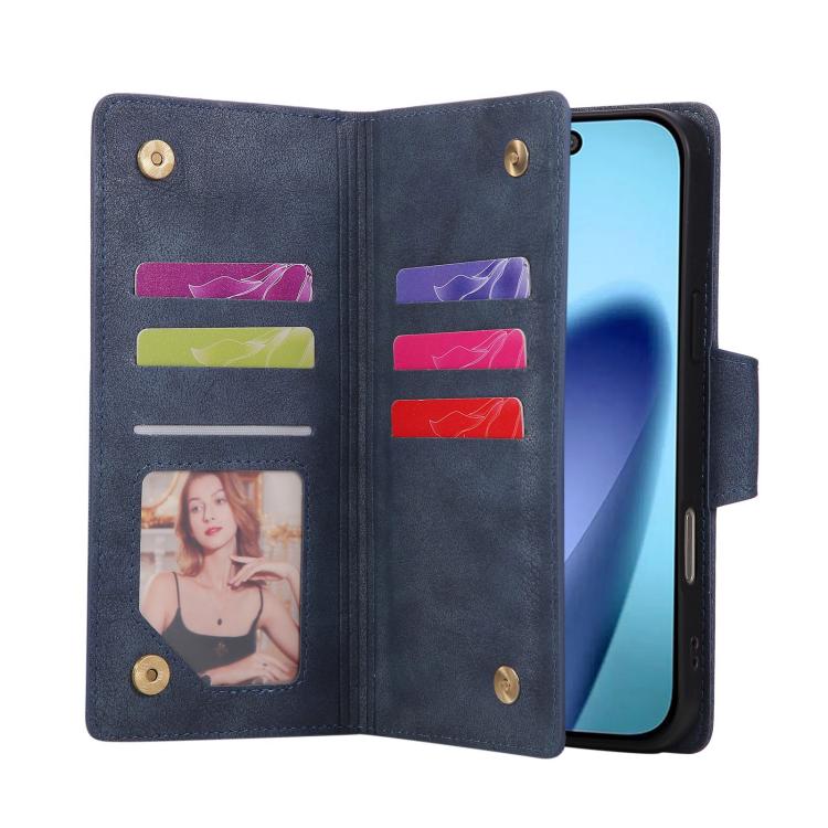 For iPhone Air Rivet Buckle 9 Cards Three Fold Leather Phone Case(Blue) - iPhone Air Cases by buy2fix | Online Shopping UK | buy2fix