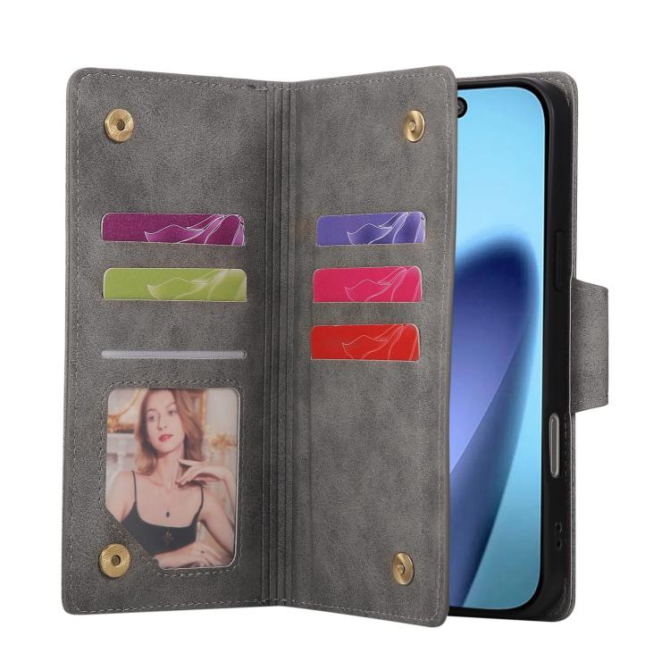 For iPhone Air Rivet Buckle 9 Cards Three Fold Leather Phone Case(Grey) - iPhone Air Cases by buy2fix | Online Shopping UK | buy2fix