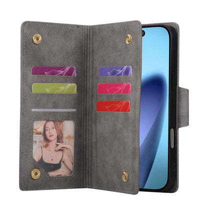 For iPhone Air Rivet Buckle 9 Cards Three Fold Leather Phone Case(Grey) - iPhone Air Cases by buy2fix | Online Shopping UK | buy2fix