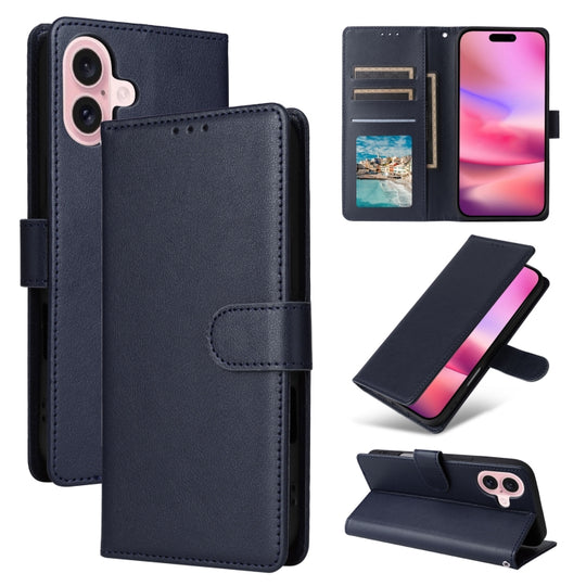 For iPhone 16 Plus 3-Card Slots Multifunctional Leather Phone Case(Blue)