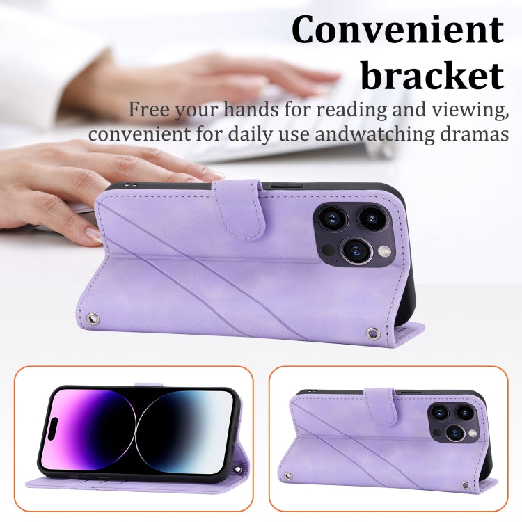 For iPhone 16 Pro Max Embossed Line Leather Phone Case with Lanyard(Purple) by buy2fix