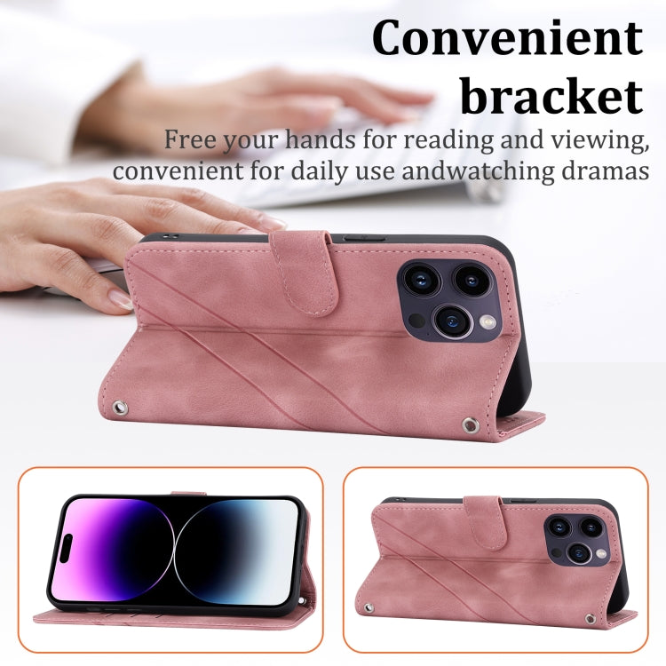 For iPhone 16 Pro Embossed Line Leather Phone Case with Lanyard(Pink) by buy2fix