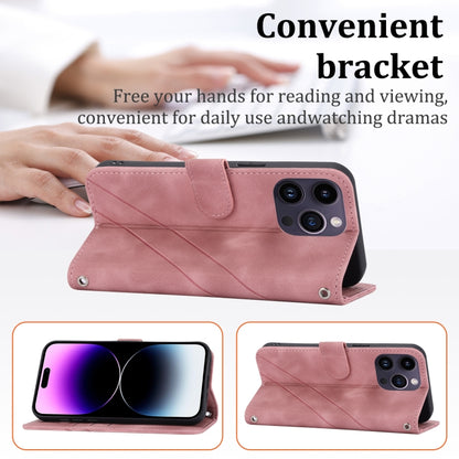 For iPhone 16 Pro Embossed Line Leather Phone Case with Lanyard(Pink) by buy2fix