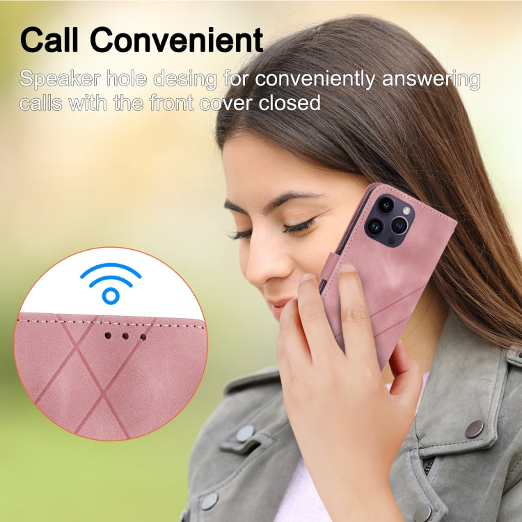For iPhone 16 Pro Embossed Line Leather Phone Case with Lanyard(Pink) by buy2fix