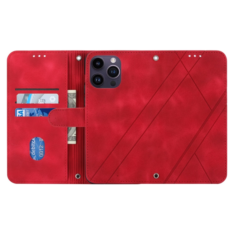 For iPhone 16 Pro Embossed Line Leather Phone Case with Lanyard(Red) by buy2fix
