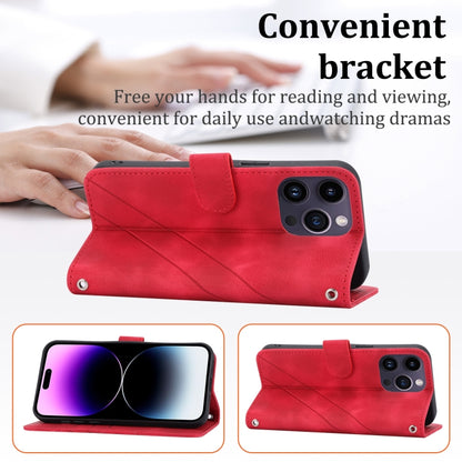 For iPhone 16 Pro Embossed Line Leather Phone Case with Lanyard(Red) by buy2fix