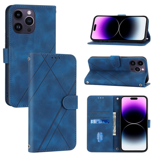 For iPhone 16 Pro Embossed Line Leather Phone Case with Lanyard(Blue) by buy2fix