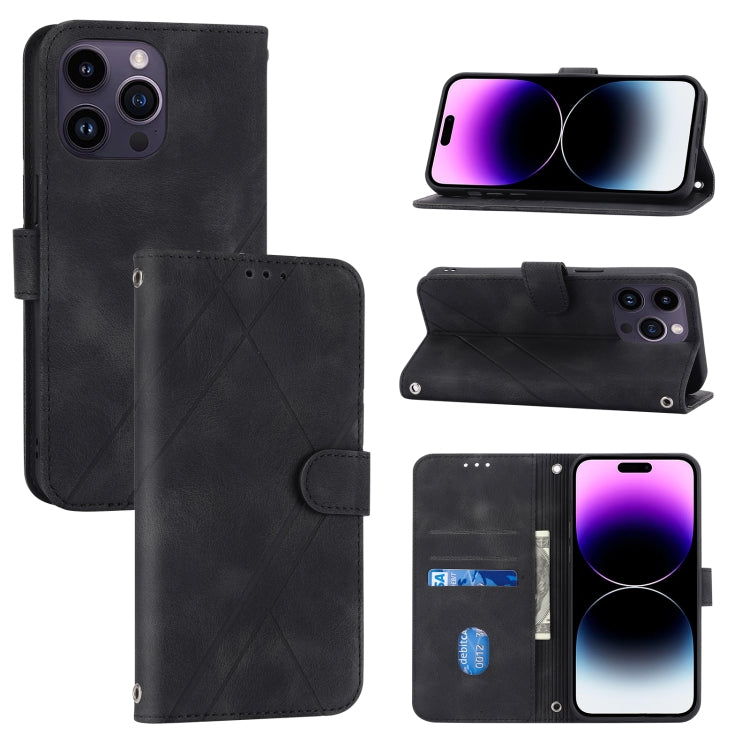 For iPhone 16 Pro Embossed Line Leather Phone Case with Lanyard(Black) by buy2fix