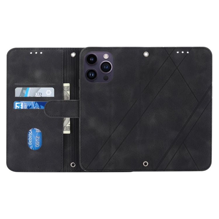 For iPhone 16 Pro Embossed Line Leather Phone Case with Lanyard(Black) by buy2fix